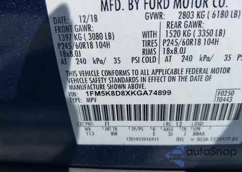 2019 Ford Explorer Xlt из США, поврежденный, VIN 1FM5K8D8XKGA74899